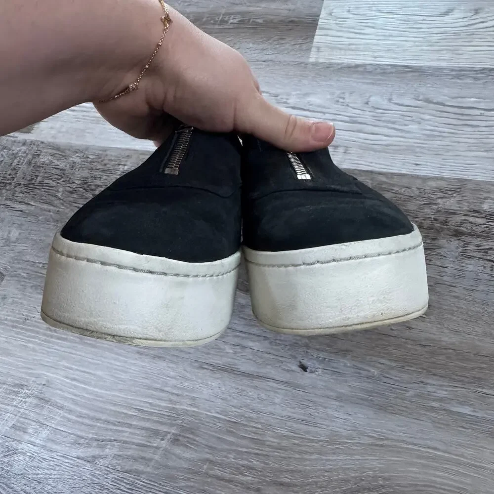 Vince Black Suede Platform Slip-On Sneakers Front Zip Womens 7.5